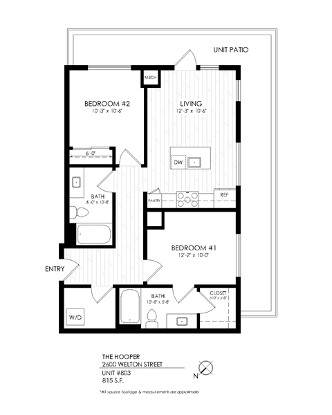 Floor plan for 2 beds, 1 bath, 841 sqft